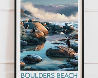 Plakat Boulders Beach, Afryka Południowa | Pingwiny skalne, Ocean w Kapsztadzie | Plakat podróżniczy, ilustracja przyrodnicza