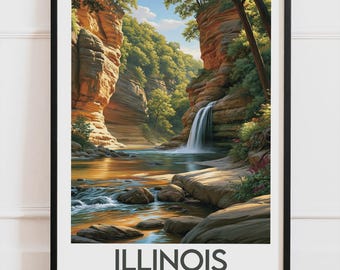 Illinois USA Poster, Vattenfall och Kanjon Poster, Väggdekoration för amerikansk natur