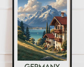 Plakat Niemcy Bawaria | Jezioro Chalet Alpy Żaglówki Kwiecista Łąka | Plakat Podróżniczy Ilustracja Przyrody