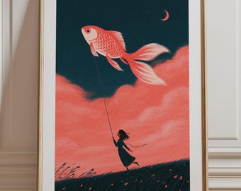 Girl Flying Fish Kite Print, Coral Sky Sunset Wall Art, Whimsical Dreamy Illustration Unframed