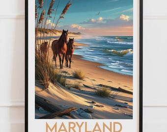 Maryland USA Poster, Strand och Vilda Hästar Poster, Väggdekoration med amerikansk kust