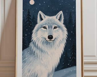 Arctic Wolf Print, Snowy Wolf Portrait, White Wolf Moon Print, Winter Forest Wall Art, Wildlife Nature Decor