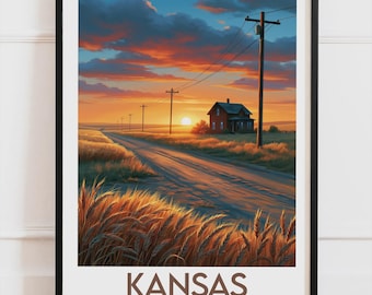 Kansas USA-affisch, Landsväg vid solnedgången-affisch, amerikansk väggdekoration