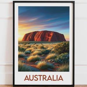 Poster Australia | Tramonto nell'Outback di Ayers Rock, deserto rosso | Illustrazione naturalistica per poster di viaggio