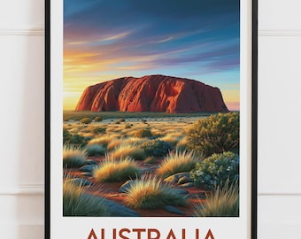 Plakat do Australii | Zachód słońca nad Ayers Rock Outback, Czerwona Pustynia | Plakat podróżniczy, Ilustracja natury