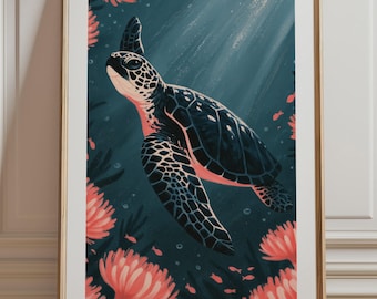 Sea Turtle Print, Turtle Nursery Print, Coral Reef Ocean Wall Art, Underwater Illustration, Whimsical Nursery Decor
