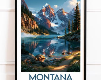Montana USA-poster, Bergsjö och snötäckta toppar-poster, Naturväggdekoration