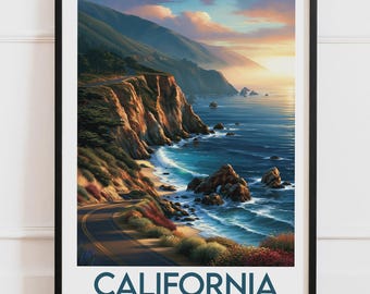 Plakat Kalifornia, USA | Klify Big Sur, Ocean, Droga Nadbrzeżna, Zachód Słońca | Plakat Podróżniczy, Ilustracja Przyrody