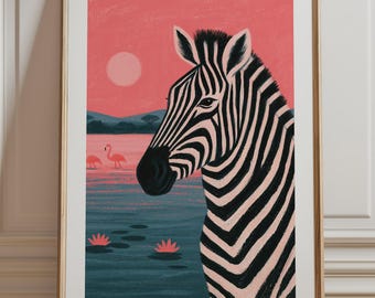 Zebra Print, Sunset Savanna Wall Art, Flamingo Watering Hole Illustration, Nursery Decor