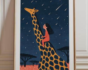 Girl Riding Giraffe Print, Shooting Stars Night Sky Wall Art, Whimsical Savanna Illustration Unframed