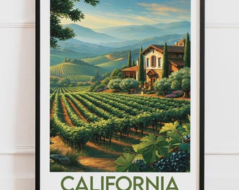 Plakat z Kalifornii | Winnice, winiarnia, wzgórza, winogrona | Plakat podróżniczy, ilustracja przyrodnicza