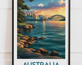 Plakat z Australii | Panorama Opery, Most Harbour, Odbicia Skalistego Brzegu | Plakat podróżniczy, Ilustracja natury