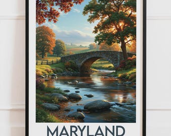 Maryland USA Poster, Stenbro och flod Poster, Amerikanskt landskap Väggkonst