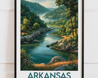 Plakat Arkansas, USA | Rzeka, las, wzgórza, mgła, skały | Plakat podróżniczy, ilustracja przyrodnicza