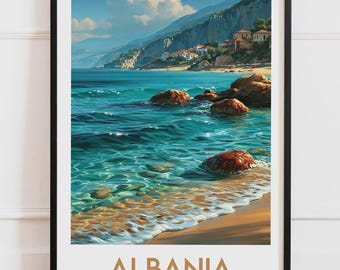 Plakat z Albanii | Wybrzeże Jońskie, turkusowa plaża, domy, klify | Plakat podróżniczy, ilustracja natury