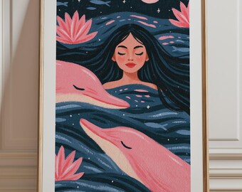 Girl and Dolphin Print, Whimsical Water Lily Moon Wall Art, Dreamy Ocean Illustration Unframed