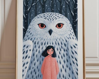 Girl and Snowy Owl Print, Winter Forest Guardian Wall Art, Whimsical Storybook Illustration, Kids Room Decor