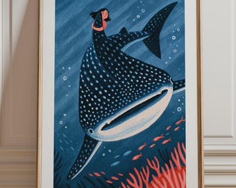 Whale Shark Print, Girl and Whale Shark Coral Reef Wall Art, Whimsical Ocean Illustration Unframed