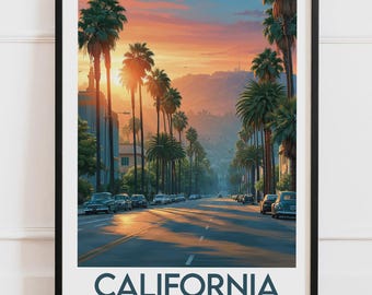 Plakat z Kalifornii | Hollywood Palm Trees Boulevard Sunset | Plakat podróżniczy Ilustracja natury