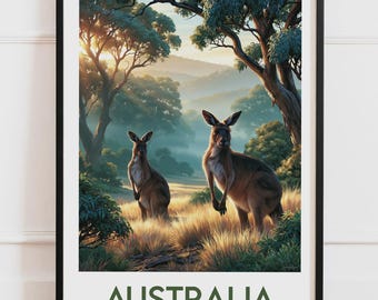 Plakat z Australii | Kangaroos Bush Eucalyptus Golden Light Hills | Plakat podróżniczy Ilustracja natury