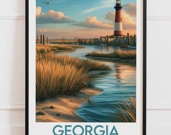 Georgia USA Print | Lighthouse Coastal Marsh Golden Grass Seagulls | Travel Poster Nature Wall Art Illustration