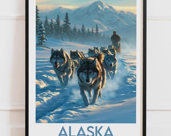 Plakat Alaska USA | Psy zaprzęgowe Husky, Góra, Śnieg | Plakat podróżniczy, Ilustracja natury