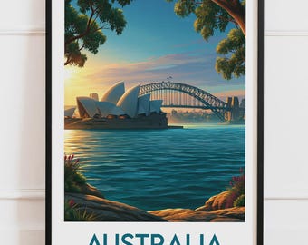 Plakat z Australii | Most Opera Harbour, Zachód Słońca, Port | Plakat podróżniczy, Ilustracja natury
