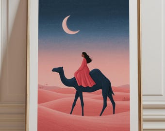 Girl Riding Camel Print, Desert Moon Sunset Wall Art, Whimsical Sand Dunes Illustration Unframed