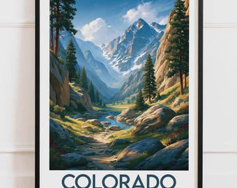 Poster del Colorado, USA | Montagne Rocciose, Alpinismo, Lago, Abeti, Sentiero | Poster di viaggio, Illustrazione naturalistica