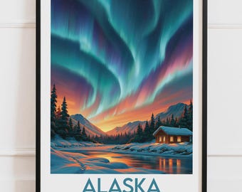 Plakat Alaska, USA | Zorza Polarna, Domek, Góra, Śnieg | Plakat podróżniczy, Ilustracja natury
