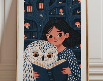 Girl and Snowy Owl Reading Print, Enchanted Forest Library Wall Art, Whimsical Storybook Illustration, Kids Room Nursery Decor
