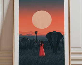 African Sunset Safari Animals Print, Girl Elephant Giraffe Zebra Wall Art, Whimsical Savanna Illustration Unframed