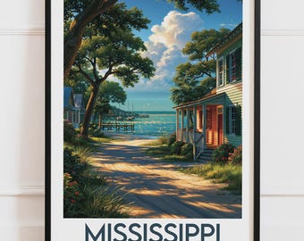 Mississippi USA Print | Gulf Coast Colorful Houses Sailboats Palm Trees | Travel Poster Nature Wall Art Illustration