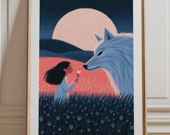 Girl and Wolf Print, Moonrise Wildflower Meadow Wall Art, Whimsical Storybook Illustration, Kids Room Decor