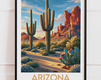 Plakat Arizona, USA | Kaktusy saguaro, pustynia, czerwone skały, kwiaty | Plakat podróżniczy, ilustracja natury