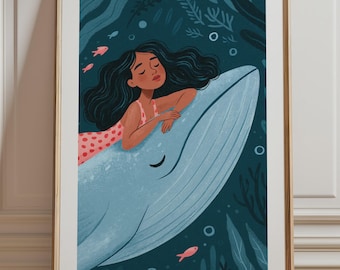 Girl and Whale Print, Sleeping Girl Underwater Wall Art, Whimsical Ocean Illustration Unframed