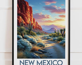 New Mexico USA-affisch, röd öken och kaktusaffisch, sydvästamerikansk väggdekoration