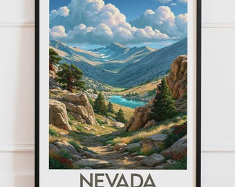 Nevada USA Print | Ruby Mountains Alpine Lake Valley Hiking Trail Wildflowers | Travel Poster Nature Wall Art Illustration