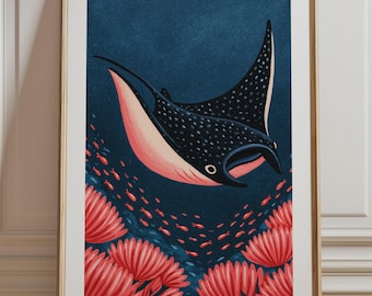 Manta Ray Print, Coral Reef Ocean Wall Art, Modern Deep Sea Illustration Unframed