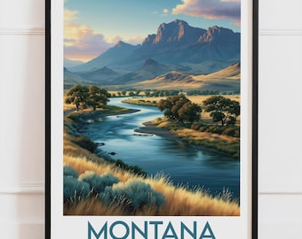 Montana USA-poster, flod- och dalposter, amerikanskt landskapsväggkonst