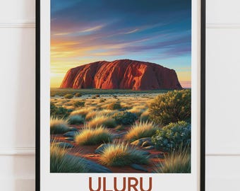 Plakat Uluru Australia | Zachód słońca na Outbacku Ayers Rock, Pustynia Spinifex | Plakat podróżniczy, ilustracja przyrodnicza