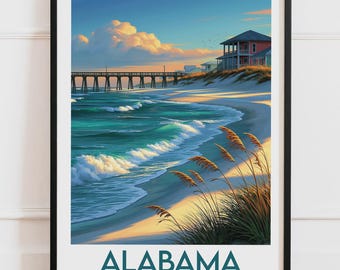 Plakat Alabama Gulf Shores USA | Biała plaża, fale, molo, morze, owies | Plakat podróżniczy, ilustracja natury