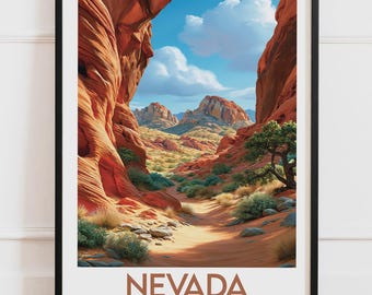 Nevada USA Print | Valley of Fire Red Rocks Desert Trail Juniper | Travel Poster Nature Wall Art Illustration Travel