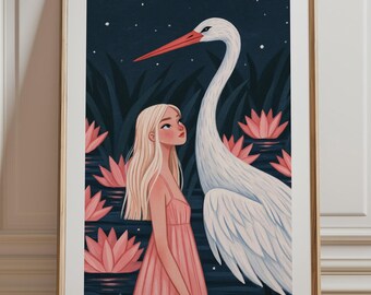Girl and Heron Print, White Heron Wall Art, Whimsical Night Sky Illustration, Water Lily Nursery Print Unframed