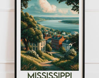 Mississippi Natchez USA Print | Mississippi River Colonial Mansions Historic Hills | Travel Poster City Wall Art Illustration