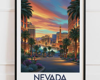 Nevada Las Vegas USA Print | The Strip Palm Trees Casinos Sunset Lights | Travel Poster City Wall Art Illustration