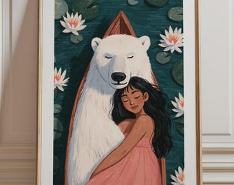 Girl and Polar Bear Print, Water Lily Pond Wall Art, Whimsical Nursery Illustration Unframed