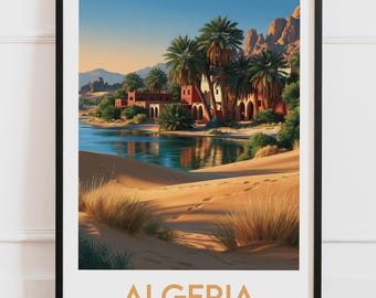 Plakat Algieria Sahara | Oaza Wydmy Palmy Wioska Berberów Hoggar | Plakat podróżniczy Ilustracja natury