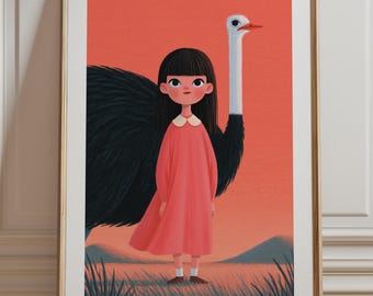 Girl and Ostrich Print, Retro Sunset Savanna Wall Art, Mid Century Illustration, Whimsical Nursery Decor