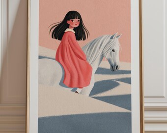Girl Riding White Horse Print, Pink Desert Dunes Wall Art, Whimsical Storybook Illustration, Kids Room Decor